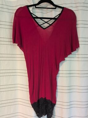 Vanity Wine Red V-Neck Blouse with Black Crisscross Straps
